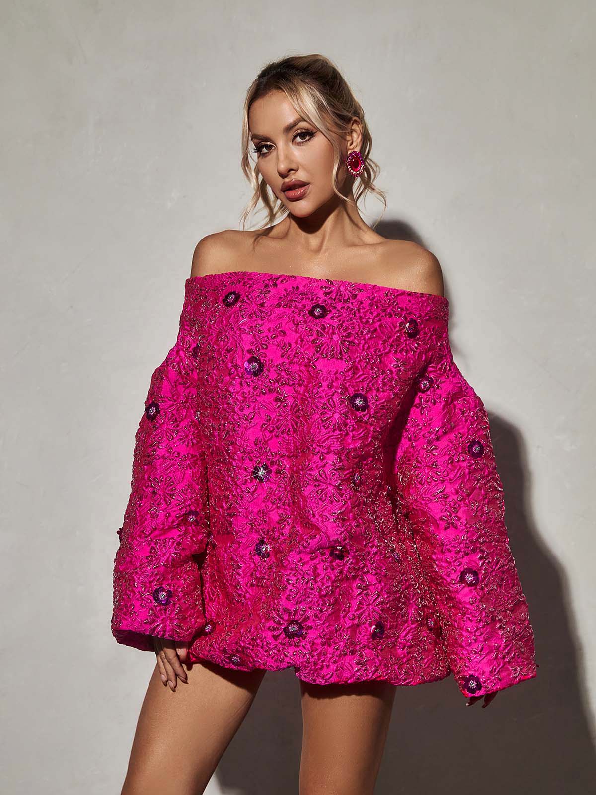 Off-Shoulder Floral Jacquard Puff Sleeve Oversized Mini Dress