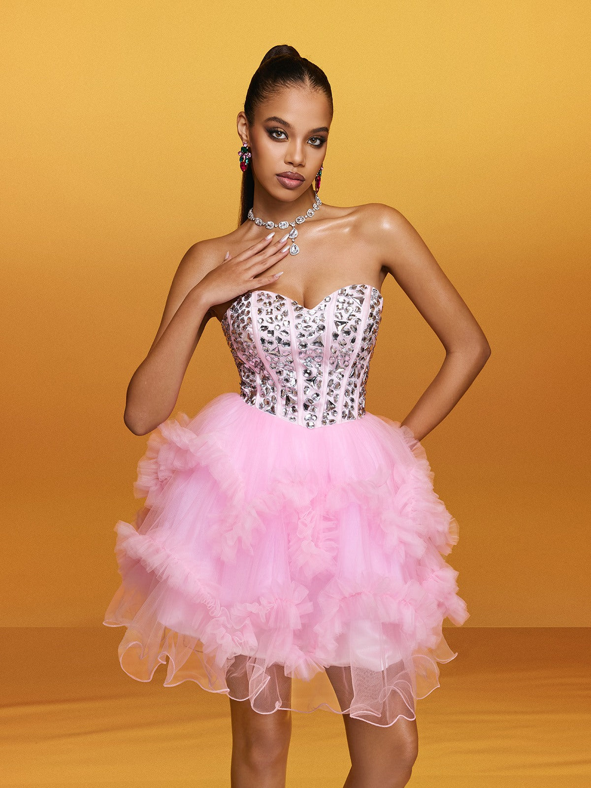 Strapless Crystal Mini Dress In Pink