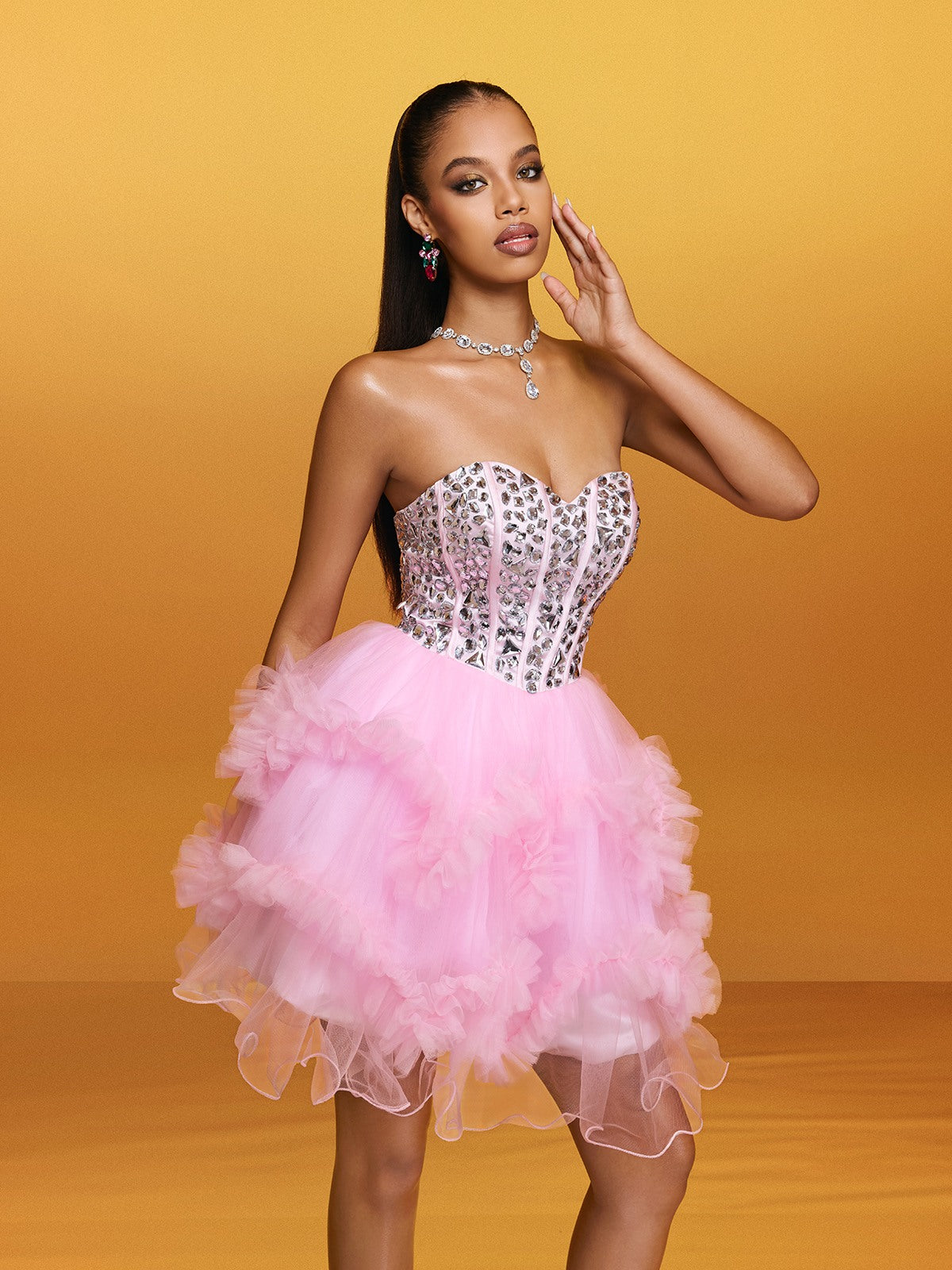 Strapless Crystal Mini Dress In Pink