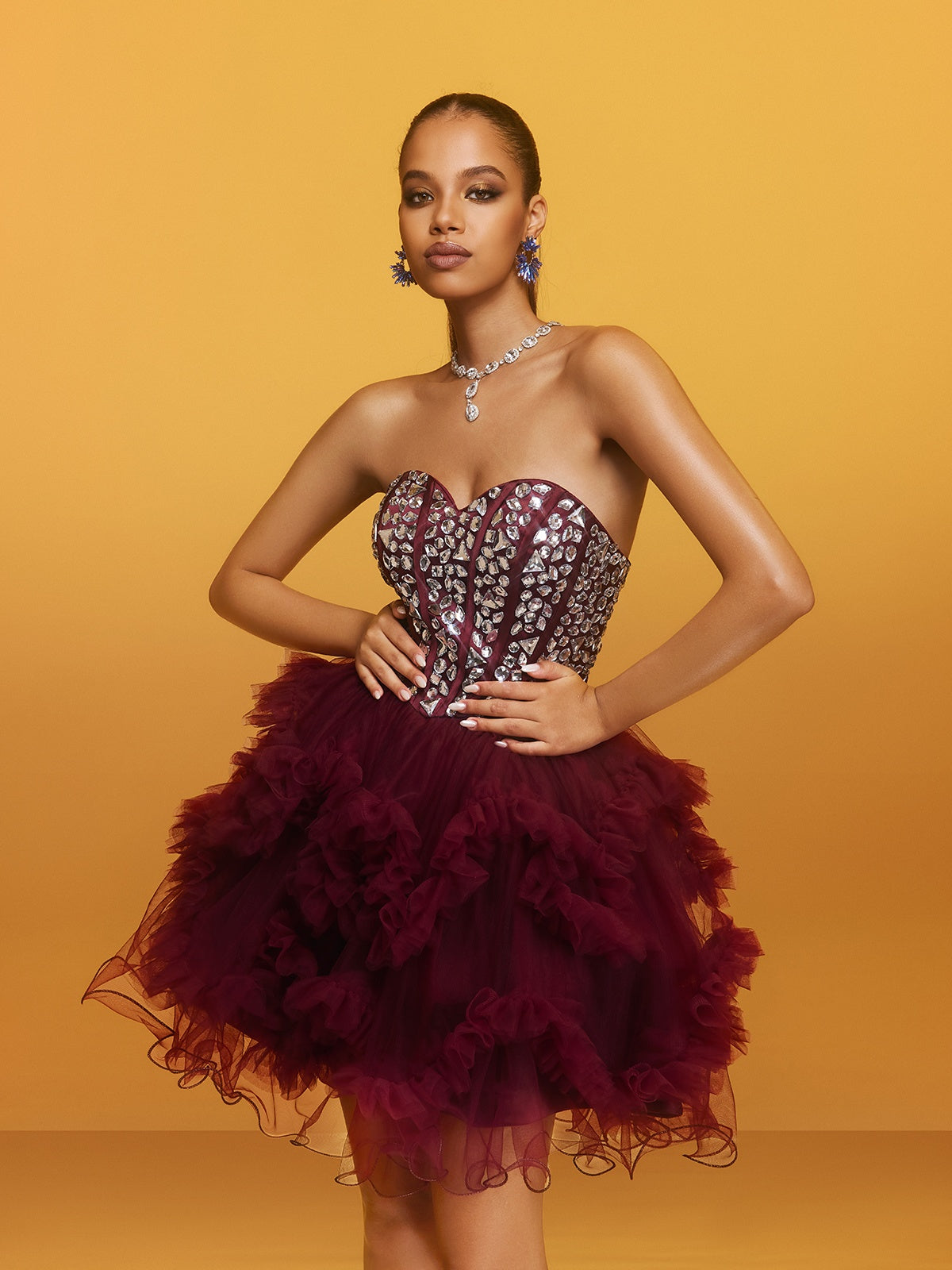 Strapless Crystal Mini Dress In Wine