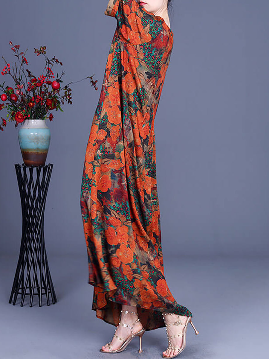 Vintage Floral Irregular Casual Maxi Dress