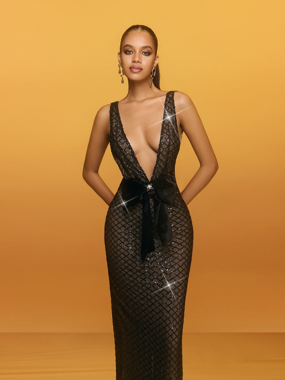 V Neck Bow Sequin Maxi Dress