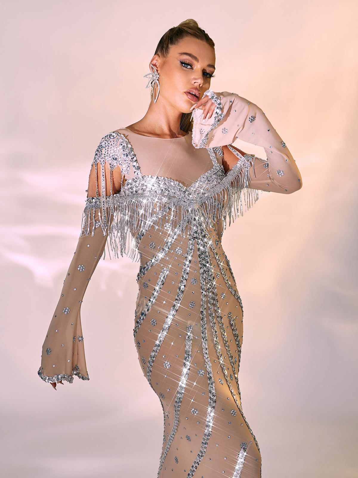 Long Sleeve Sequin Beaded Fringe Illusion Mesh Mermaid Maxi Gown