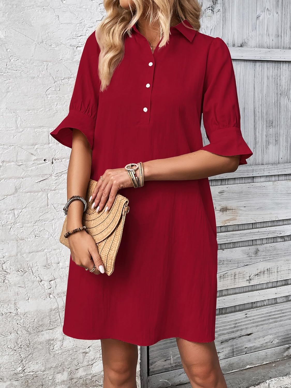 Collared Half Button Roll Sleeve Pocket Shift Mini Dress 2