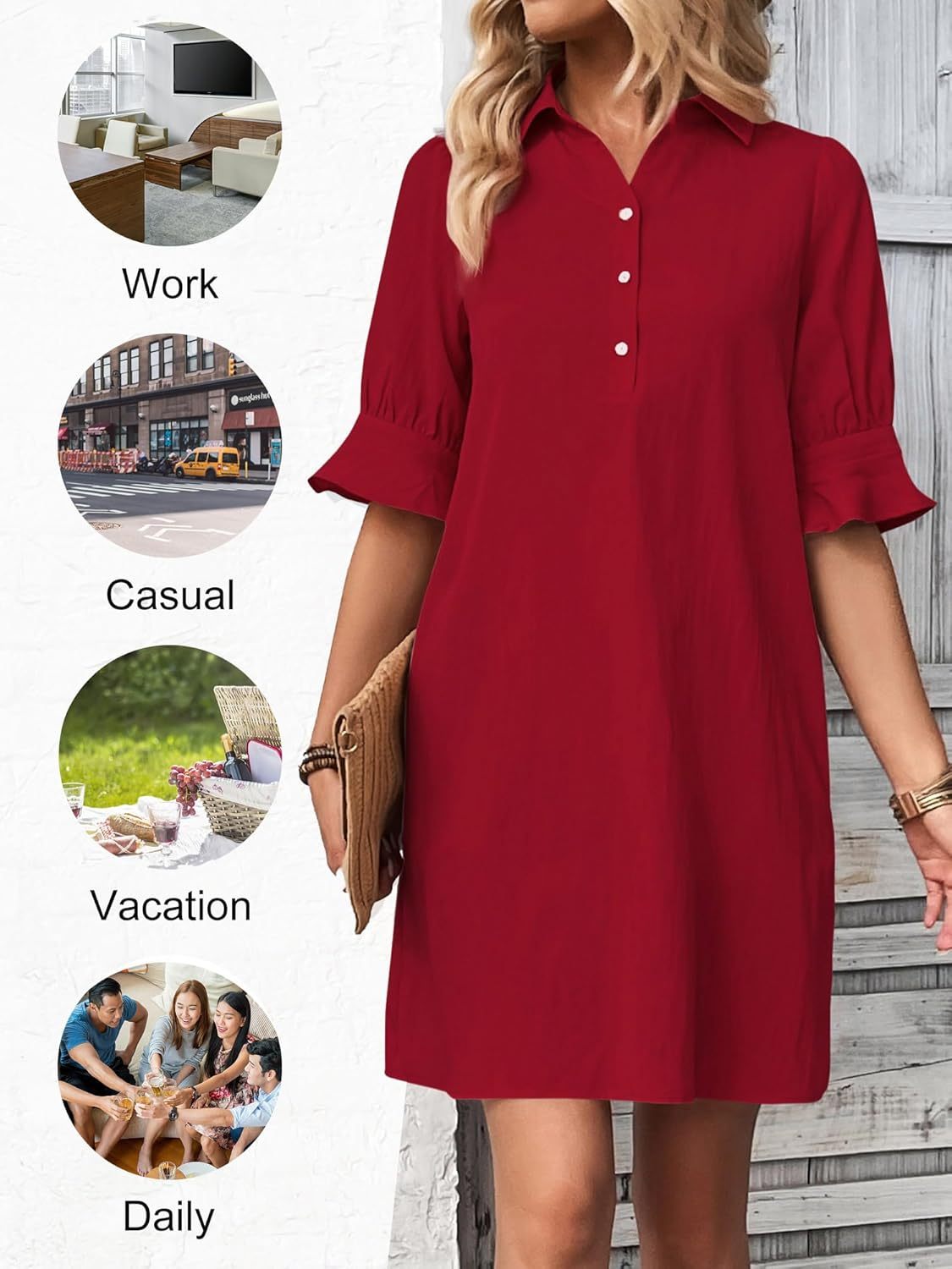 Collared Half Button Roll Sleeve Pocket Shift Mini Dress 9