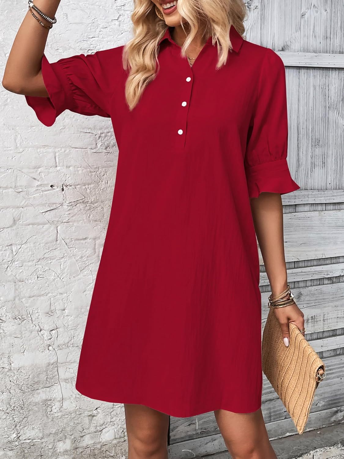 Collared Half Button Roll Sleeve Pocket Shift Mini Dress 10