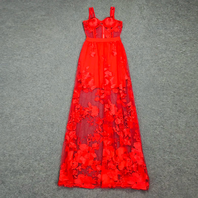 Red Color Celebrity Fashion Sleeveless Sexy Backless Lace Long Dress Party Dress
