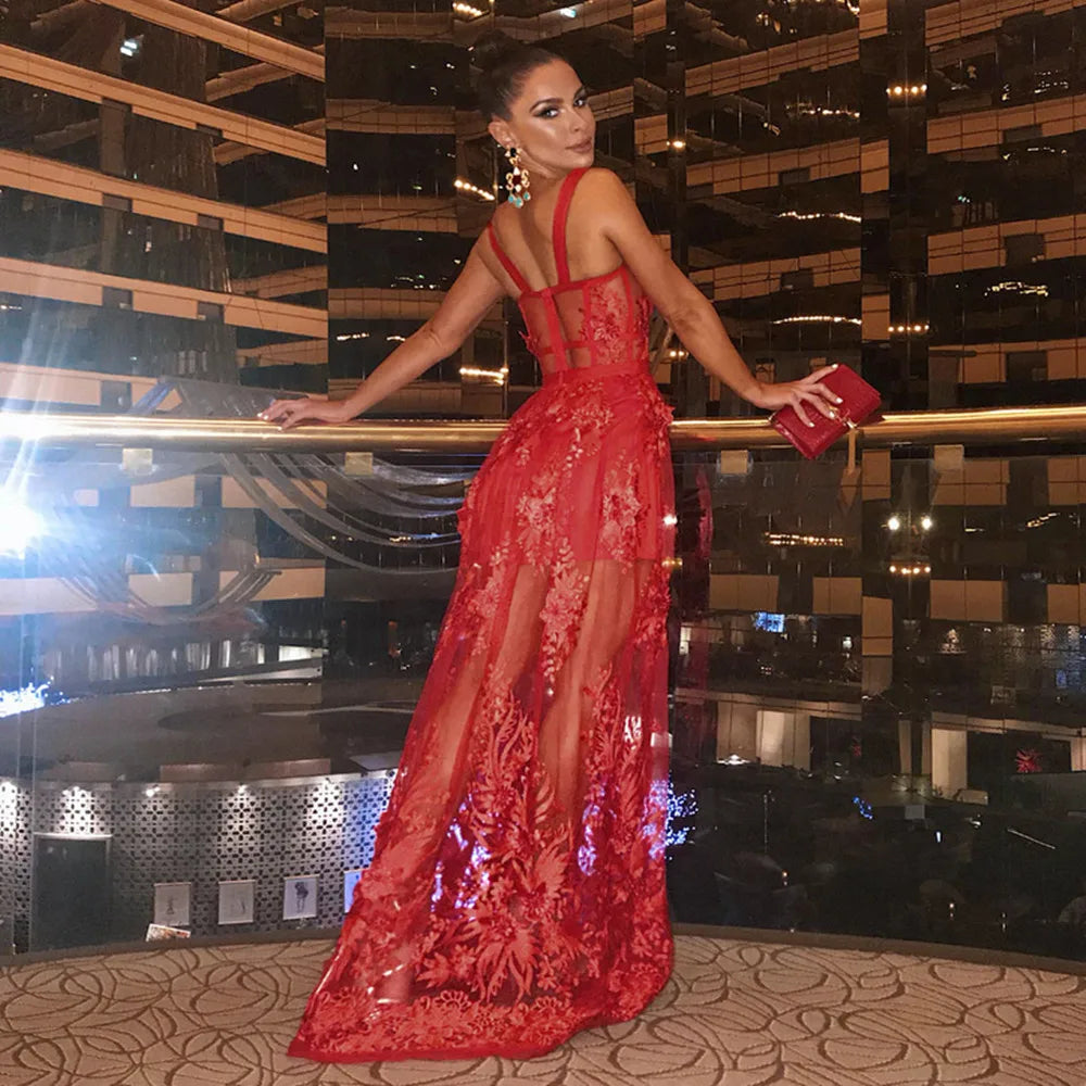 Red Color Celebrity Fashion Sleeveless Sexy Backless Lace Long Dress Party Dress