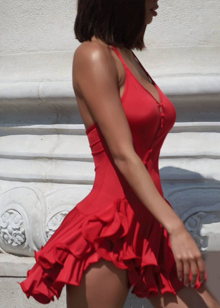 Red Cotton Halter Dress Asymmetrical Ruffled Summer