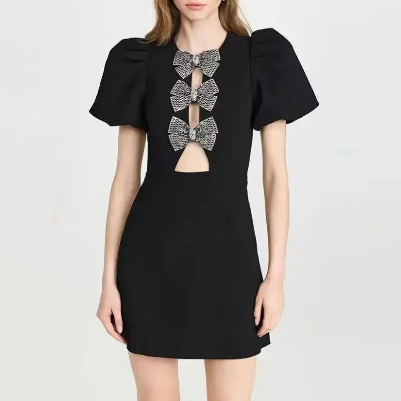 Sexy Hollow Out Slim Mini Puff Sleeve Red Party Dress