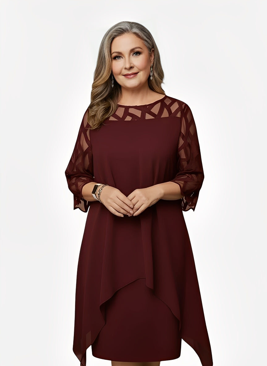 Round Neck Mesh Illusion Three Quarter Sleeve Chiffon Overlay Midi Dress 3