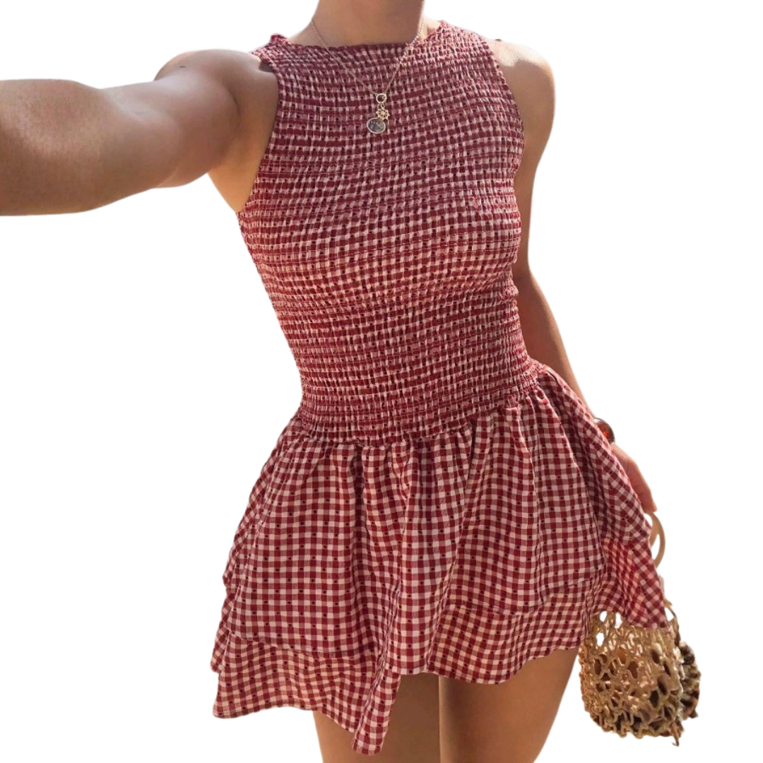 Round Neck Gingham Smocked Tiered Ruffle Mini Dress