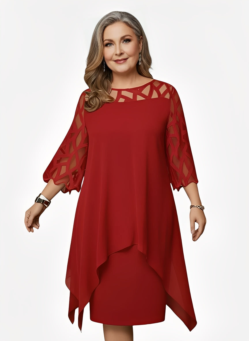 Round Neck Mesh Illusion Three Quarter Sleeve Chiffon Overlay Midi Dress 5