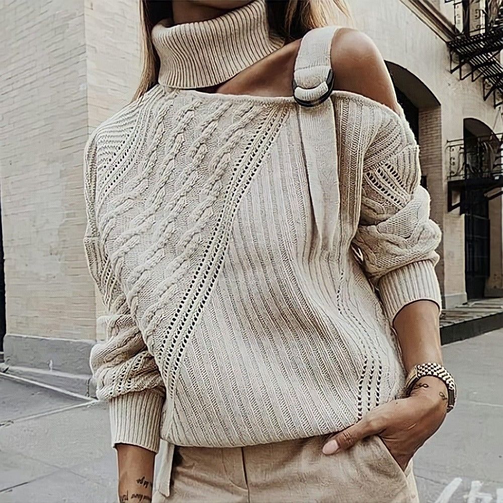 Roll Neck One Shoulder Cutout Cable Knit Long Sleeve Sweater 4