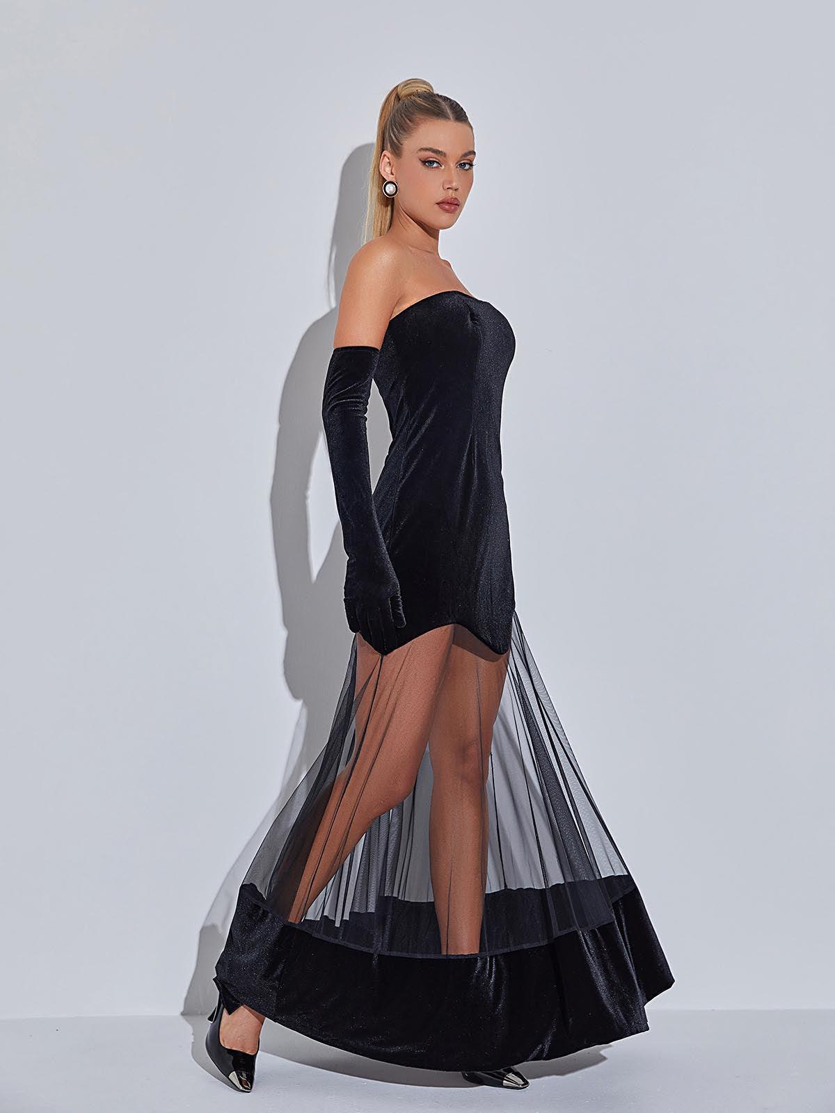 Strapless Velvet Sheer Mesh Overlay Maxi Dress