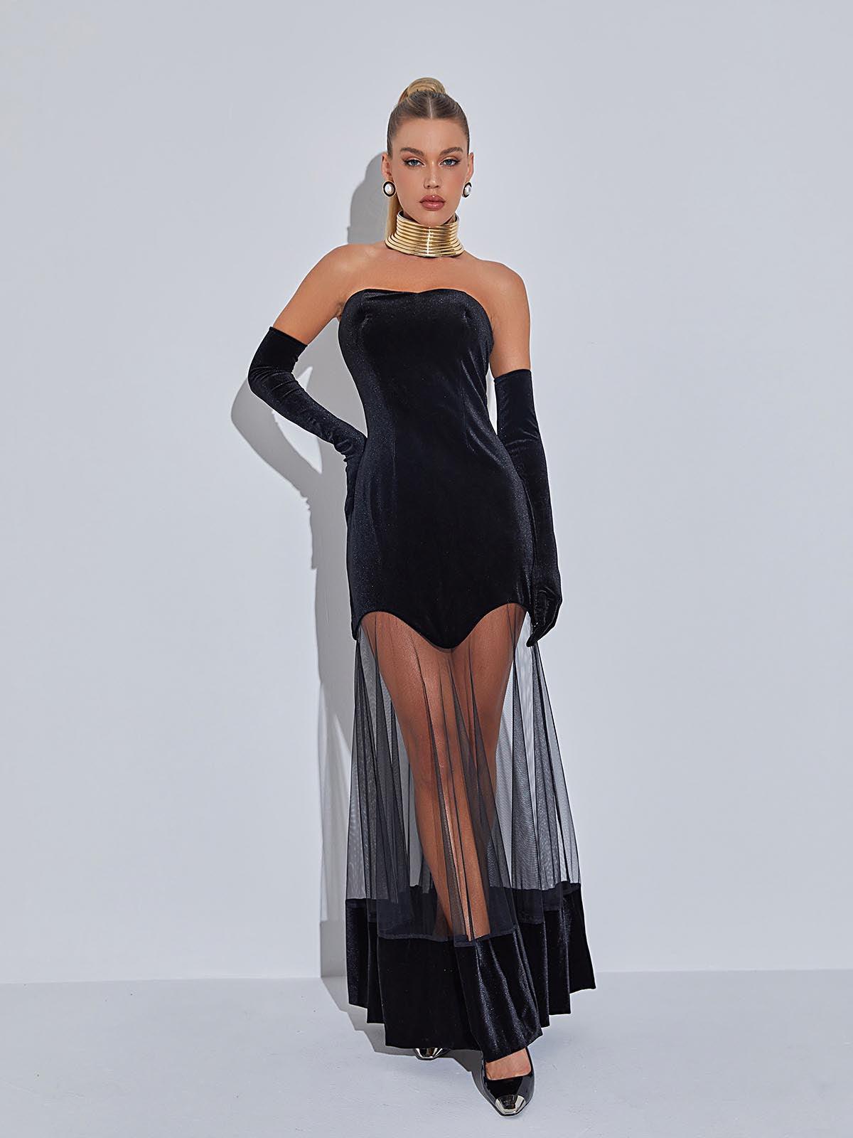 Strapless Velvet Sheer Mesh Overlay Maxi Dress
