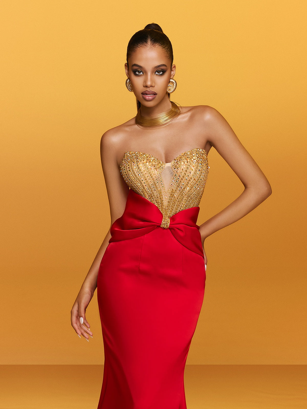Strapless Bow Satin Maxi Dress