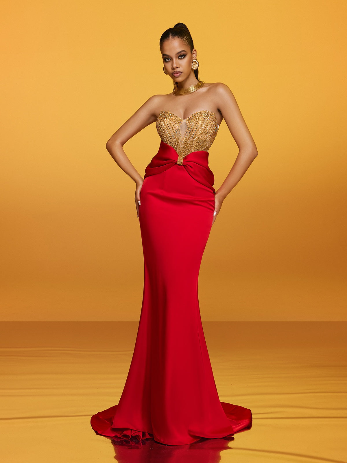 Strapless Bow Satin Maxi Dress