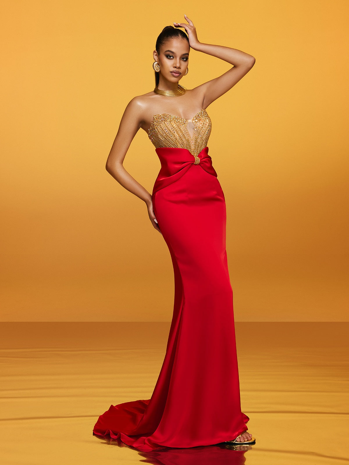 Strapless Bow Satin Maxi Dress