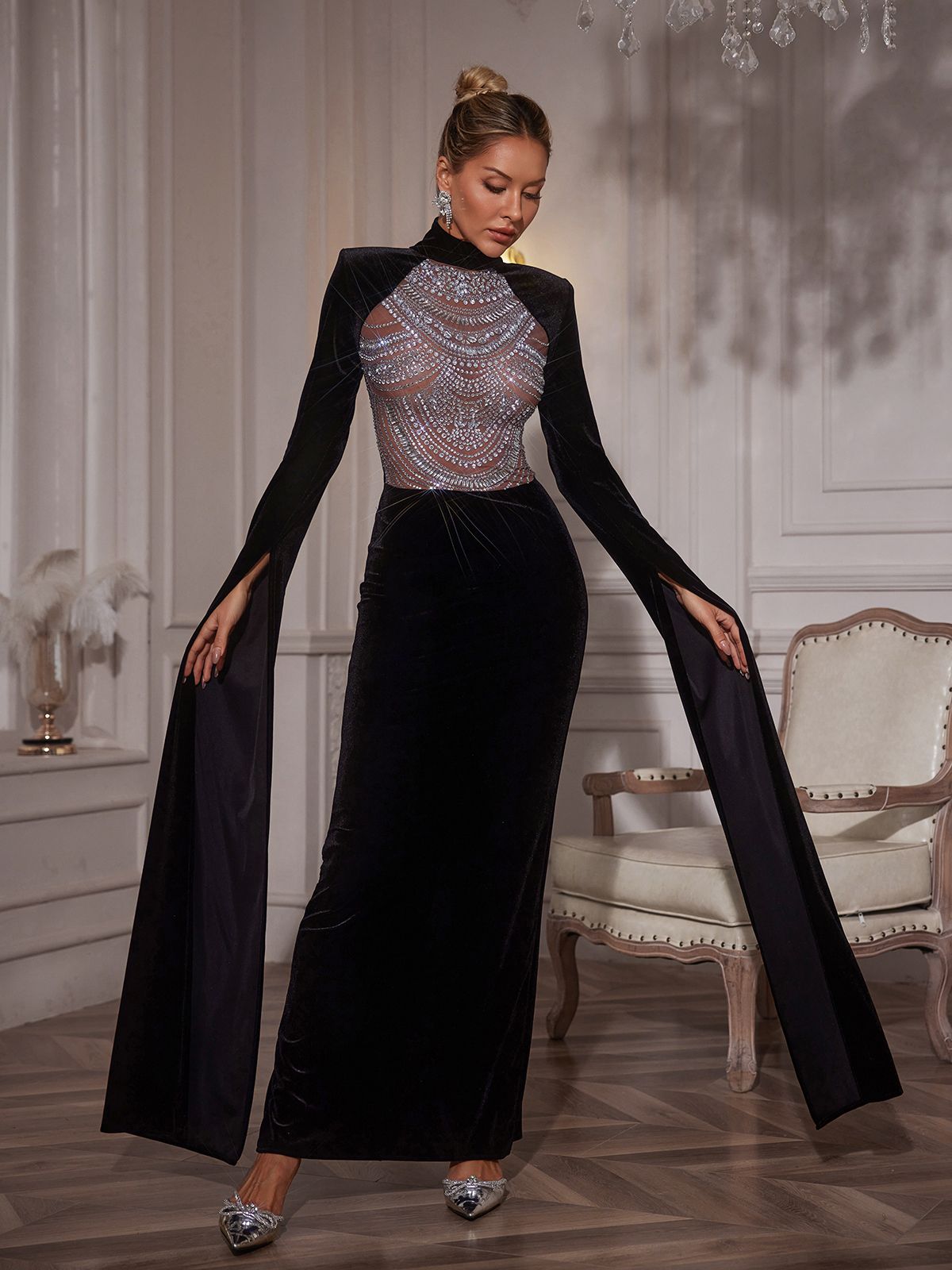 Rhinestone Velvet Maxi Dress