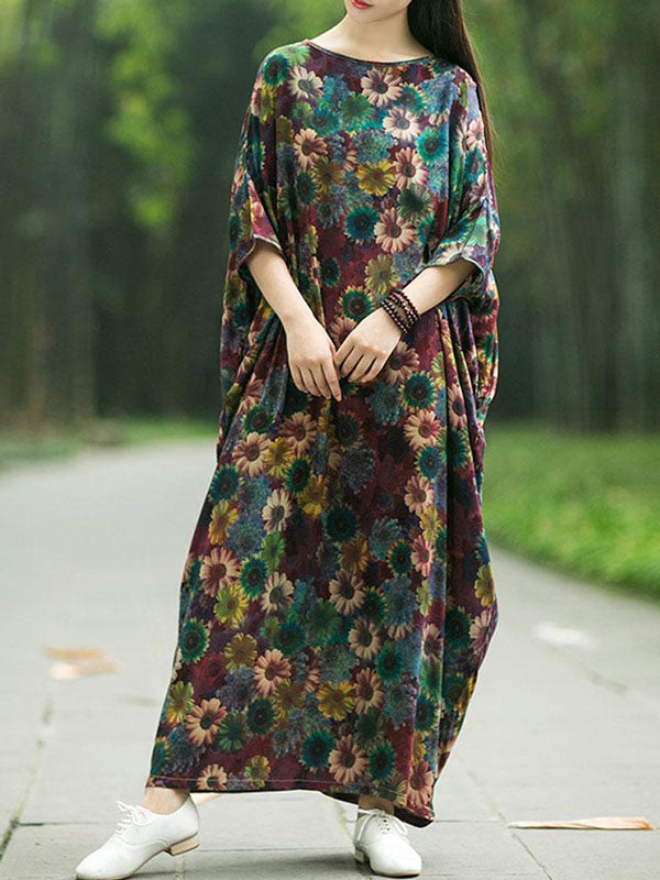 Round Neck Floral Batwing Sleeve Cocoon Kaftan Maxi Dress 3