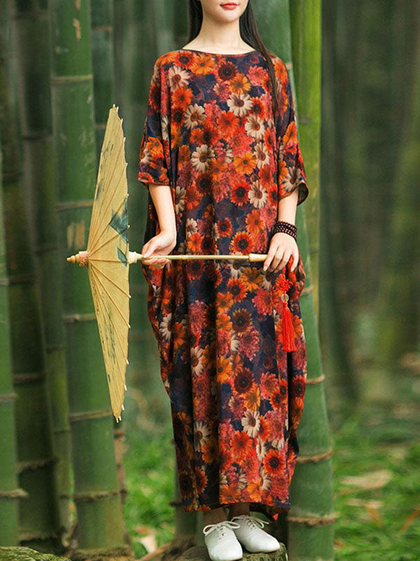 Round Neck Floral Batwing Sleeve Cocoon Kaftan Maxi Dress