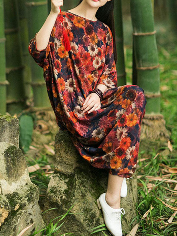 Round Neck Floral Batwing Sleeve Cocoon Kaftan Maxi Dress 2