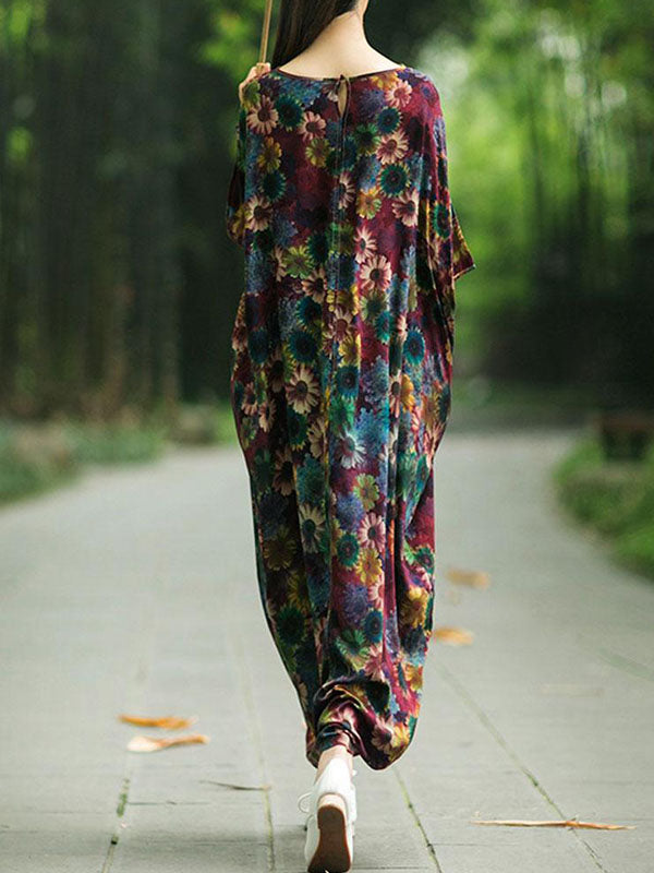 Round Neck Floral Batwing Sleeve Cocoon Kaftan Maxi Dress 5