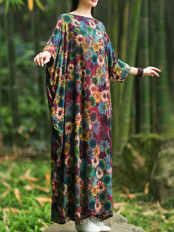Round Neck Floral Batwing Sleeve Cocoon Kaftan Maxi Dress 4