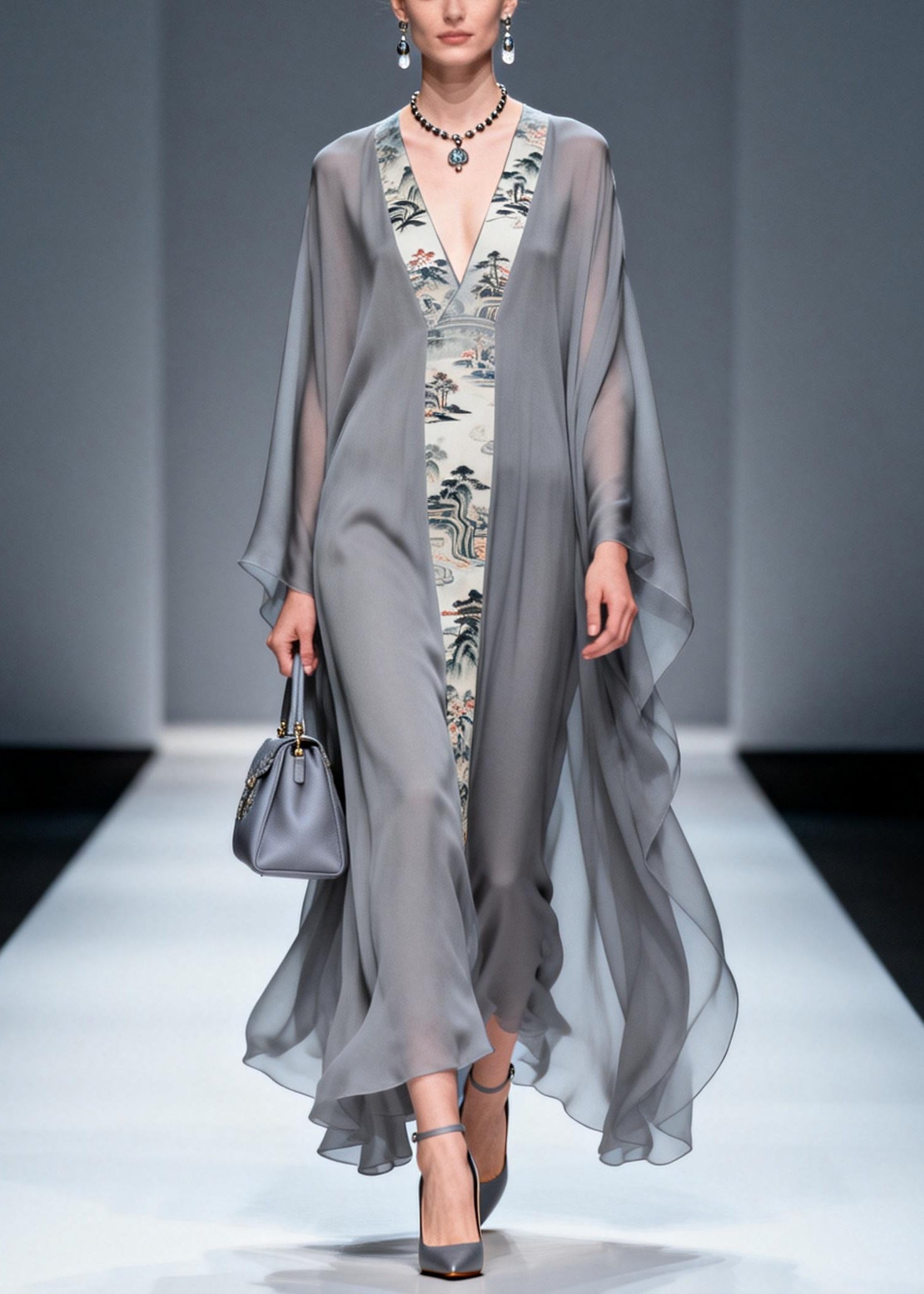 Retro Grey V Neck Patchwork Print Chiffon Maxi Dress Summer