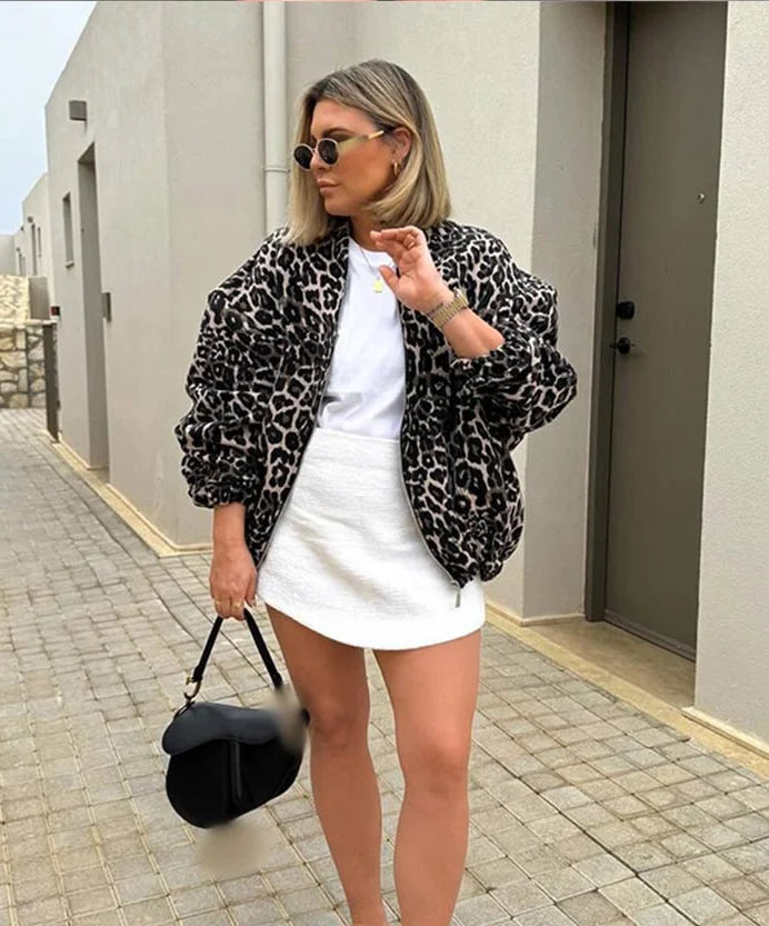Retro Leopard Print Cotton Autumn Chic Oneck Long Sleeve Zipper Warm Coat