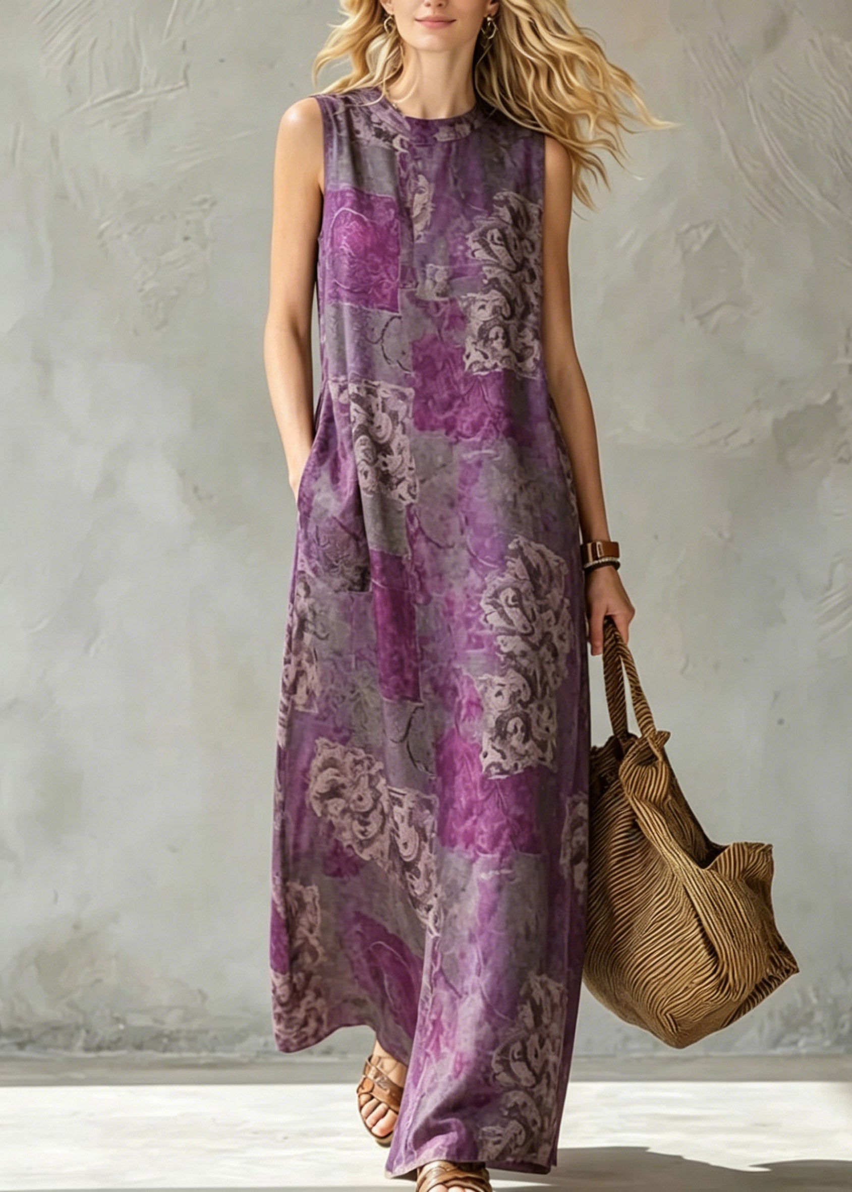 Retro Purple Pockets Patchwork Maxi Dress Summer