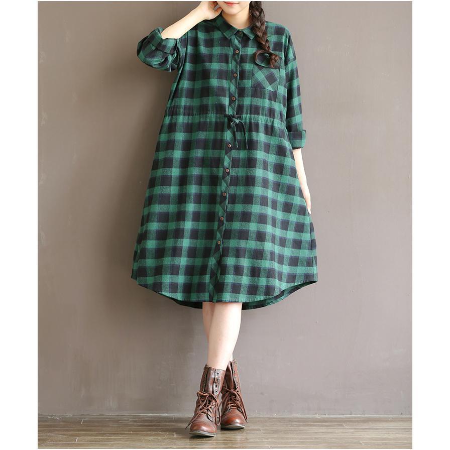 Retro green plaid cotton shirt dress plus size cotton dresses long sleeve
