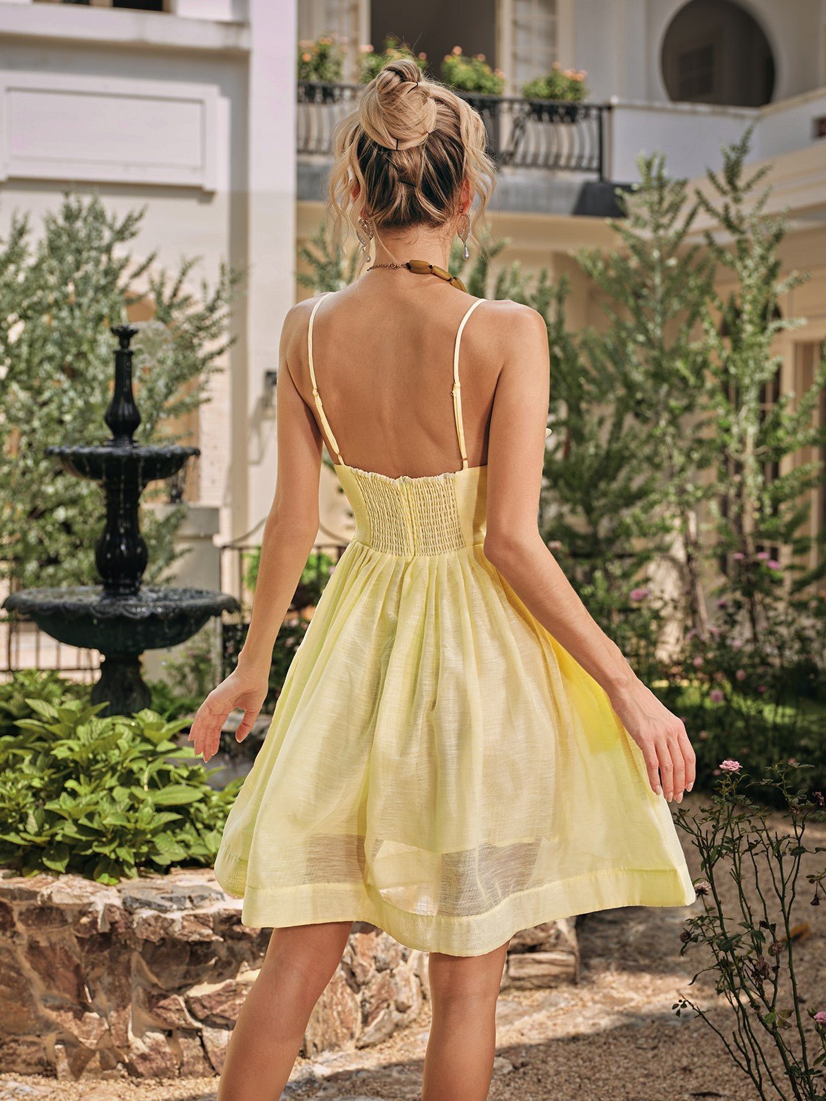 Spaghetti Ruched Mini Dress In Butter Yellow