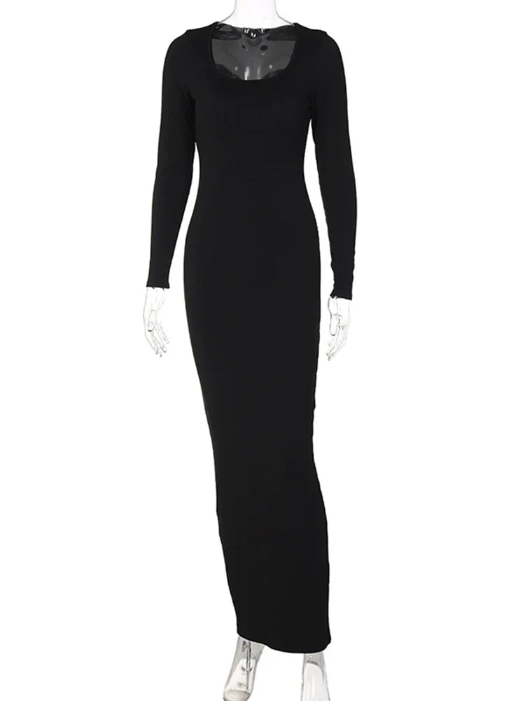 Ribbed Solid Square Neck Fall Evening Elegant Mit Midi Dresses