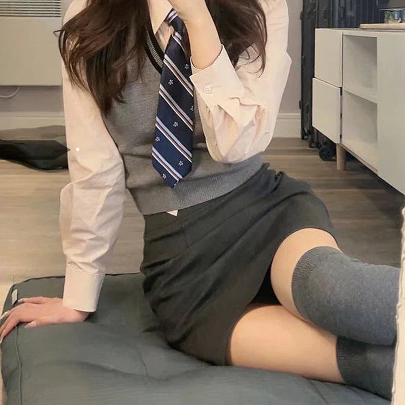 Preppy Style Dark Gray High Waist OneStep Skirt