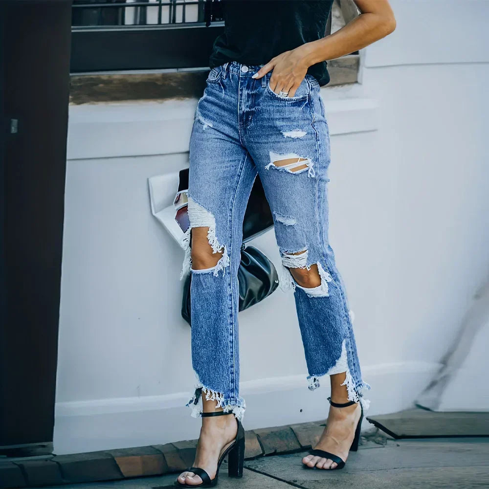 Ripped Holes Washed Straight Slant Pockets Distressed Frayed Hem Denim Jean Blue / Xs