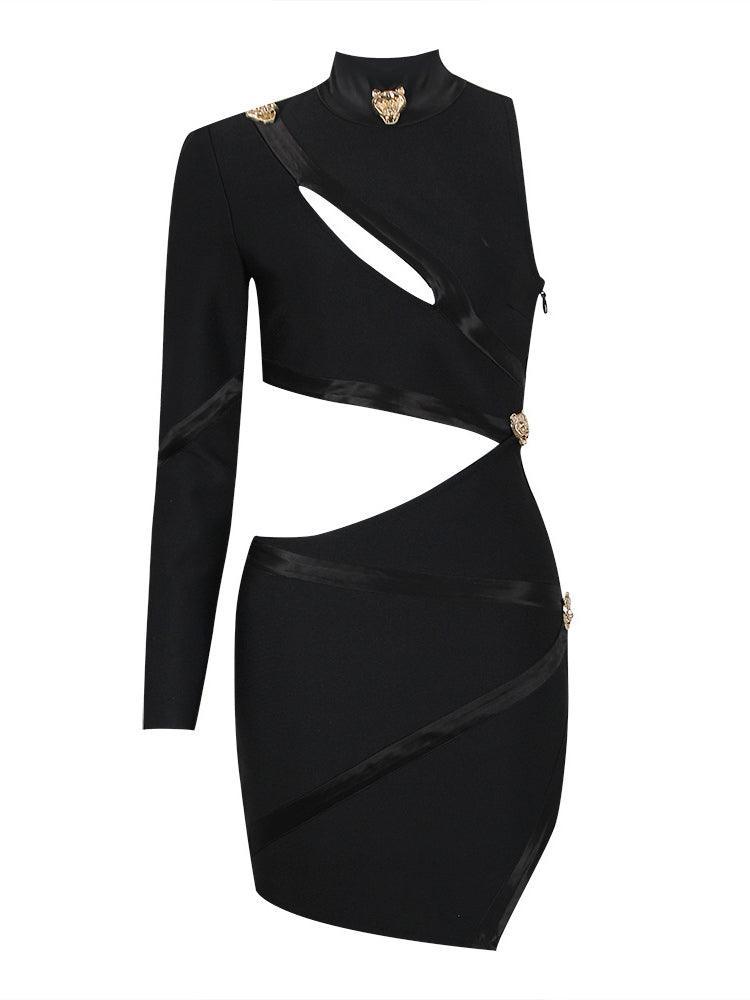 High Neck One Shoulder Cutout Gold Button Bandage Bodycon Mini Dress 6