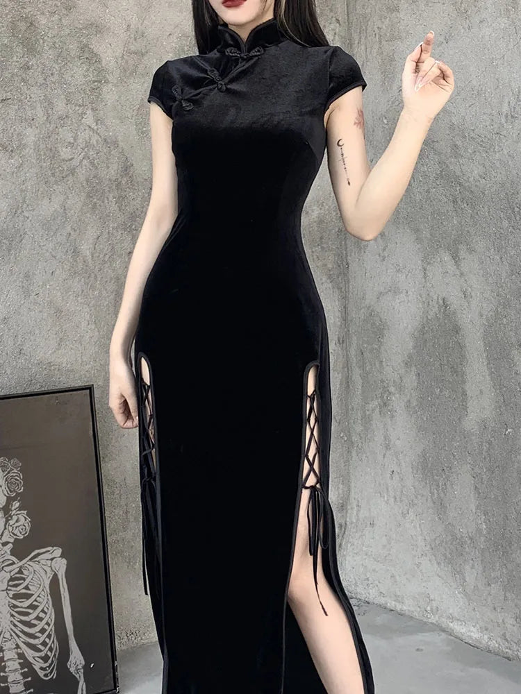 Romantic Gothic Velvet Aesthetic Dresses Vintage Women Black Bandage SlitHem Bodycon Dress Sexy Evening Wear Cheongsam