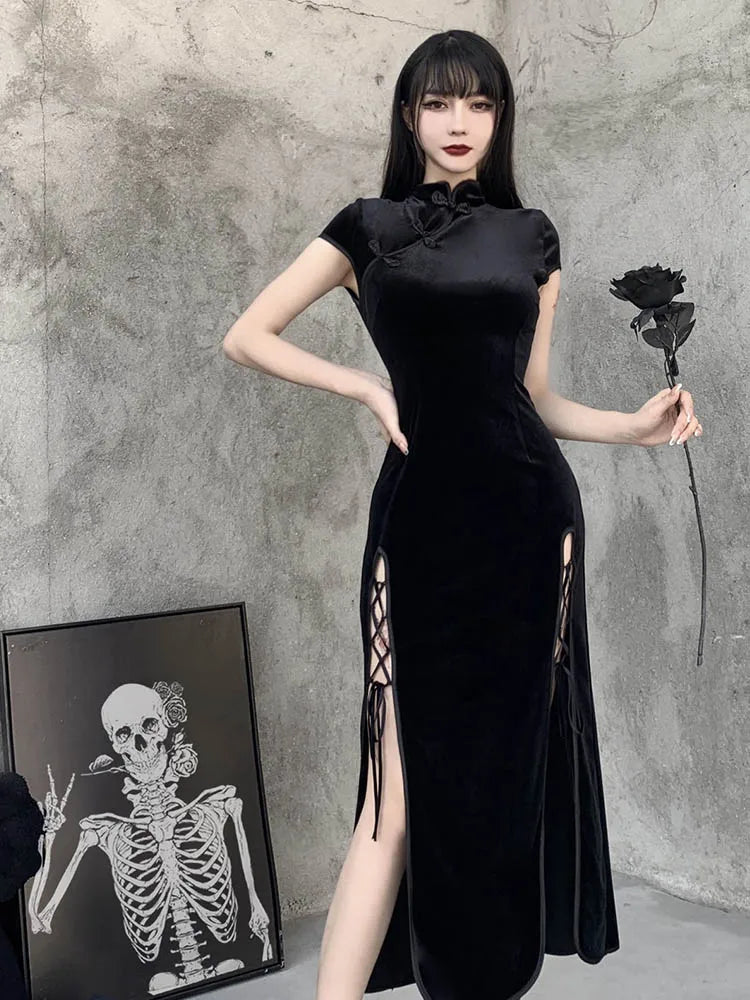 Romantic Gothic Aesthetic Vintage Black Sexy Evening Cheongsam Midi Dresses