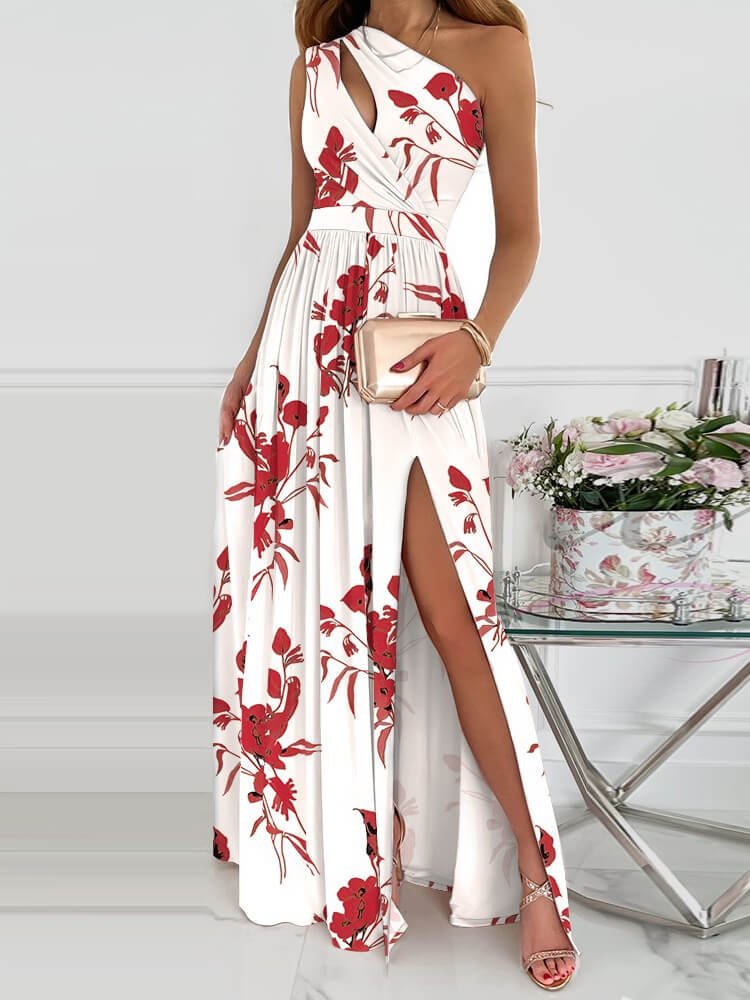 Romantic Red Flower Asymmetrical Keyhole Maxi Dress