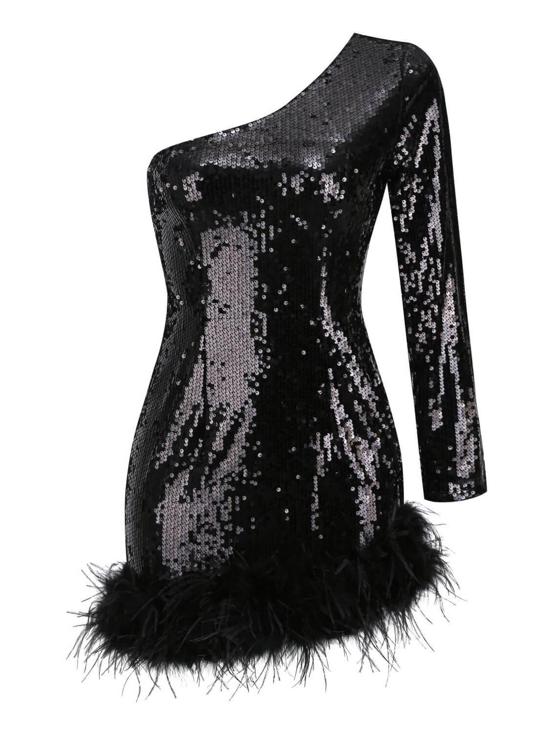 One Shoulder Sequin Feather Mini Dress