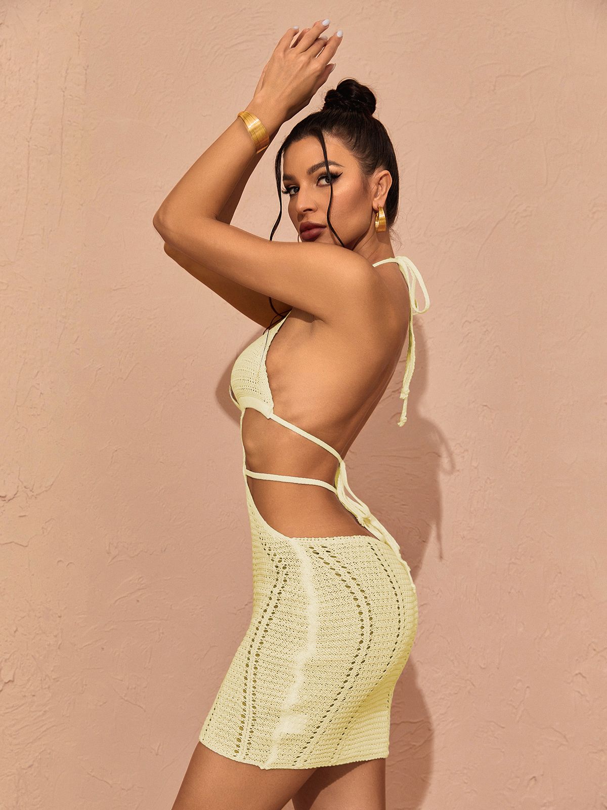 Halter Plunge Crochet Knit Cutout Bodycon Mini Dress