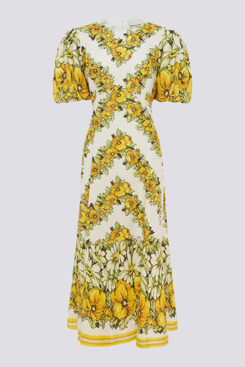 Sofía Effortless Yellow Round Neck Maxi Dress with Floral Print Boutique Collection