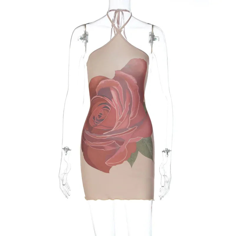 Rose Print Halter Neck Shoulder Short Clubwear Mini Dress