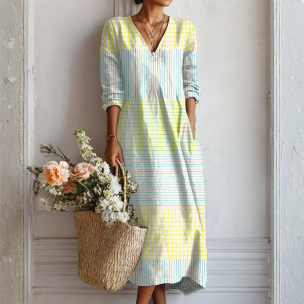 Multicolor V-Neck Long Sleeve Striped Patchwork Print Shift Maxi Dress