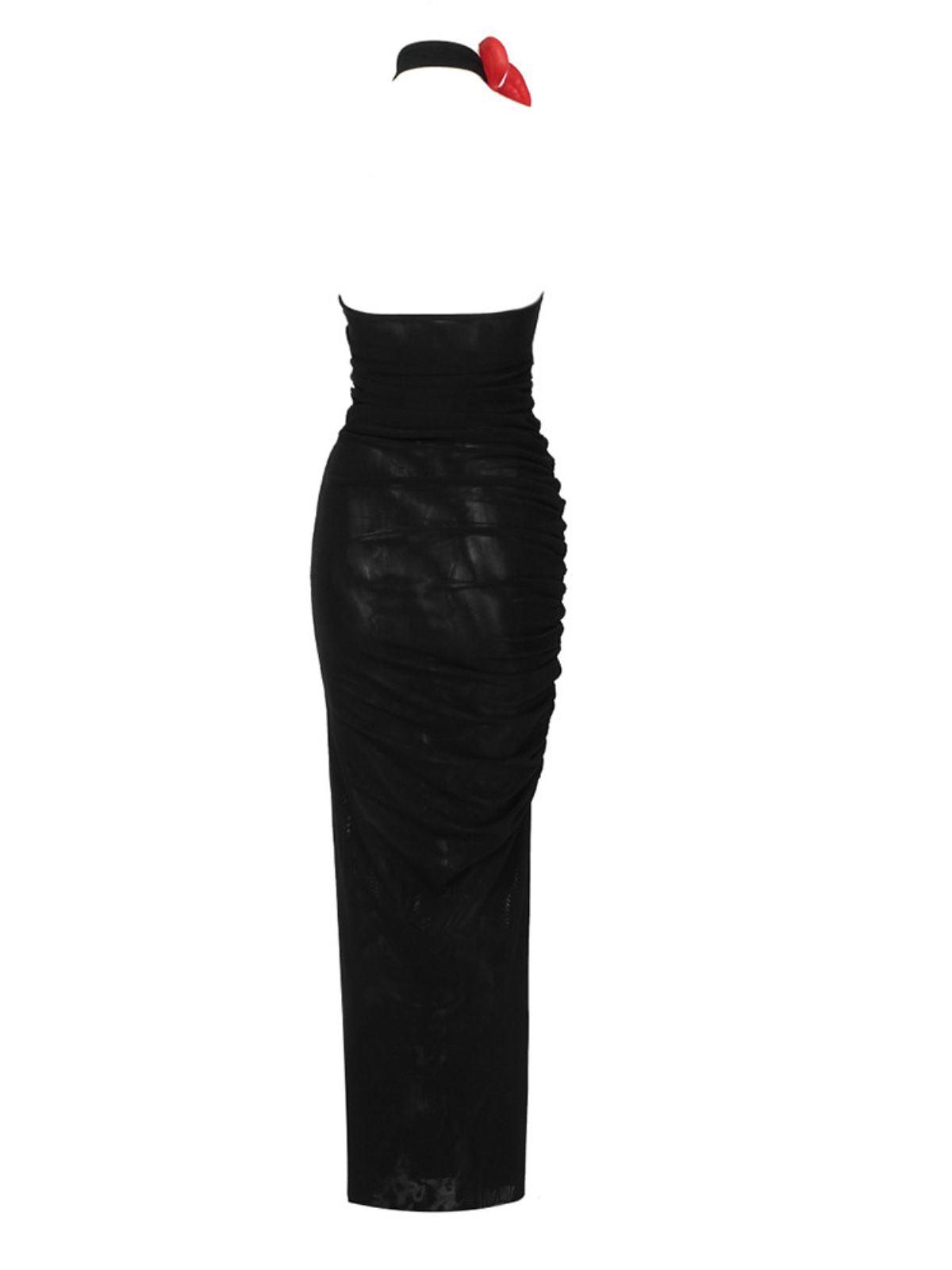 Halter Neck Floral Applique Ruched Mesh Bodycon Maxi Dress