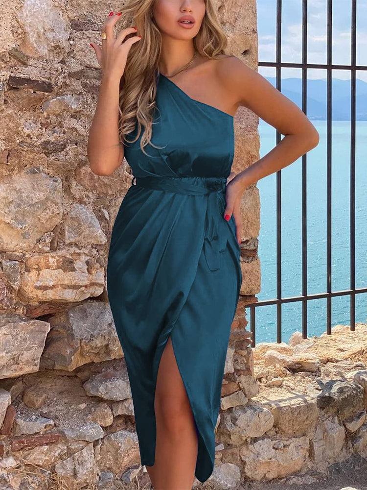 Ruched Bodycon Asymmetrical Sleeveless One Shoulder Wrap Satin Belted Cocktail Midi Dress