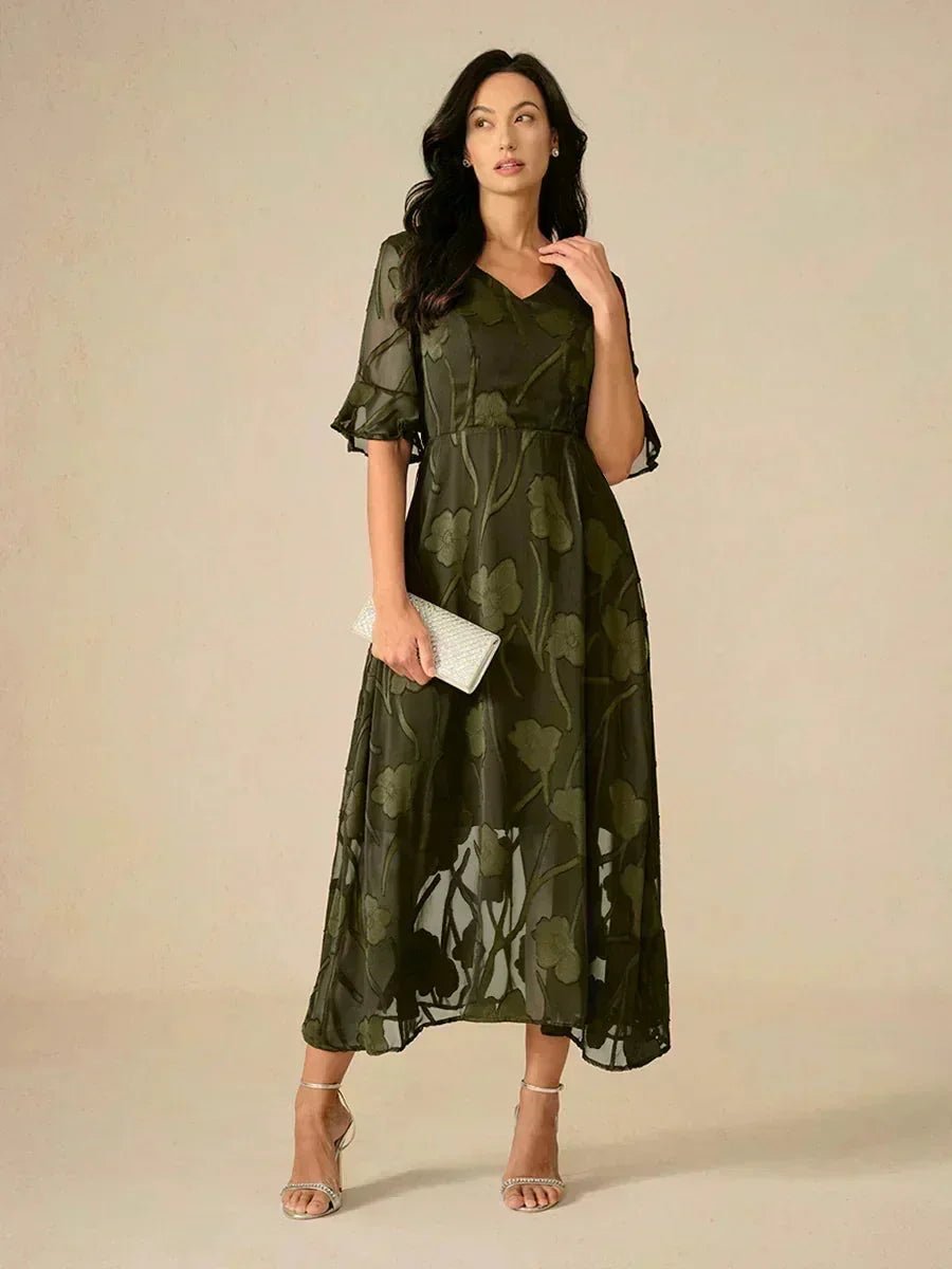 V-Neck Flutter Sleeve Floral Burnout Sheer A-Line Maxi Dress