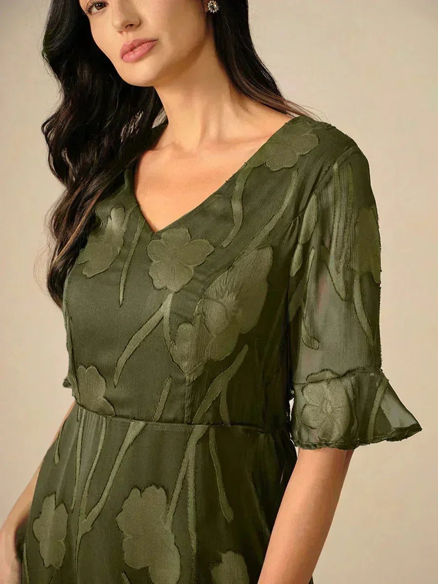 V-Neck Flutter Sleeve Floral Burnout Sheer A-Line Maxi Dress